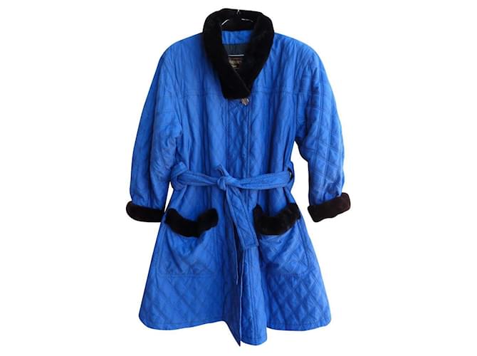 Yves Saint Laurent Coats, Outerwear Black Blue Fur Cloth  ref.591204