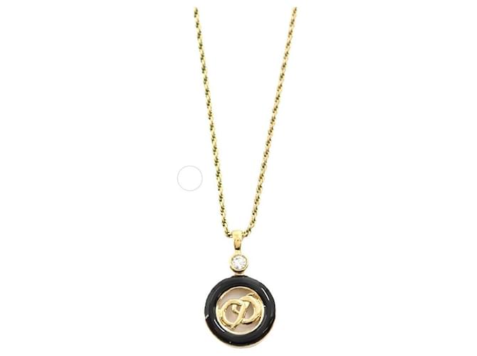 [Used] Christian Dior Christian Dior logo round rhinestone necklace gold black accessories Necklace Golden  ref.591240