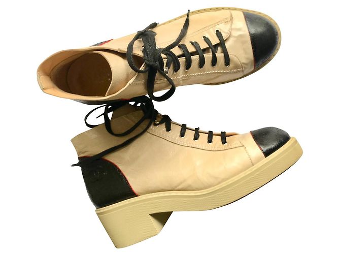 Chanel Leather Lace-up Boots Black Red Beige