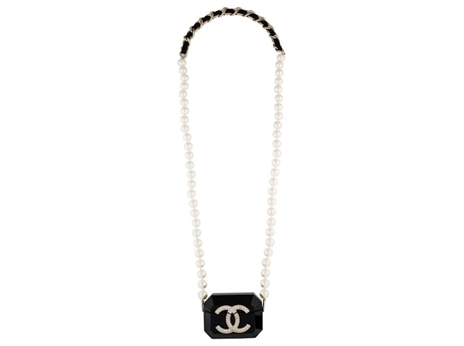 Chanel AirPod Pro Necklace Black White Gold hardware Leather Pearl Gold-plated Acetate  ref.591255