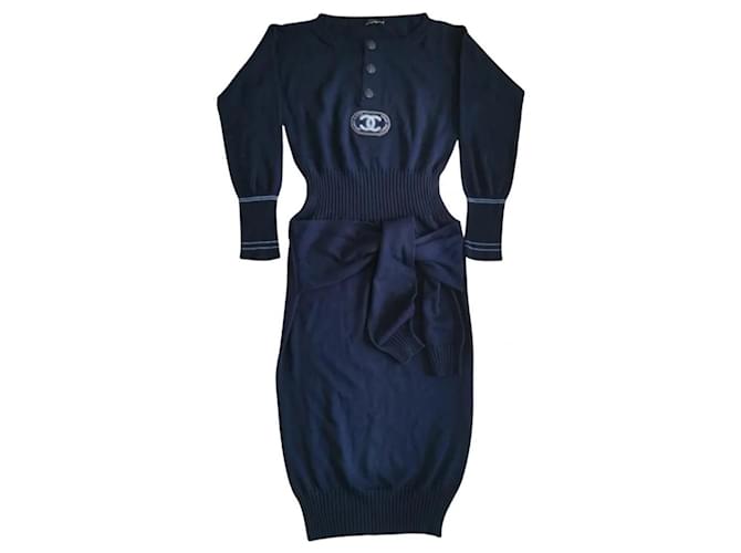 Conjunto vestido jaqueta Chanel Azul marinho Algodão  ref.591465