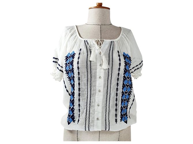 Camisa bordada Joie branca e azul de algodão Branco