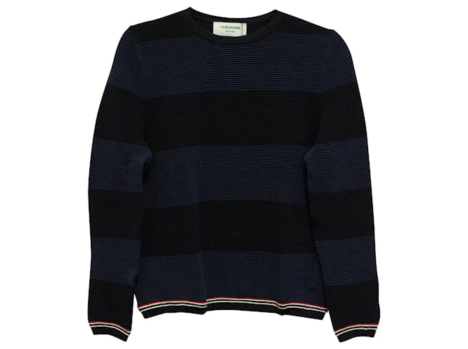 Thom Browne Striped Micro Pleated Sweater in Navy Blue Wool  ref.591928