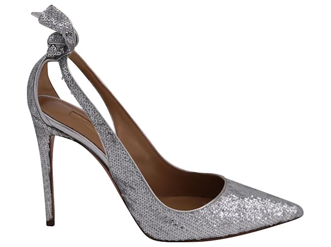 Aquazzura Bow Tie Sequined Pumps in Silver Leather  Silvery Metallic  ref.592233