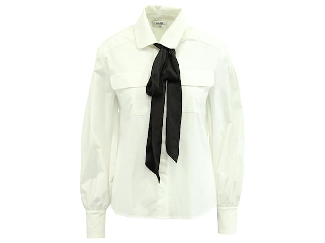 Chanel Contrast Neck Tie Detail Blouse in White Cotton ref.592520 - Joli  Closet