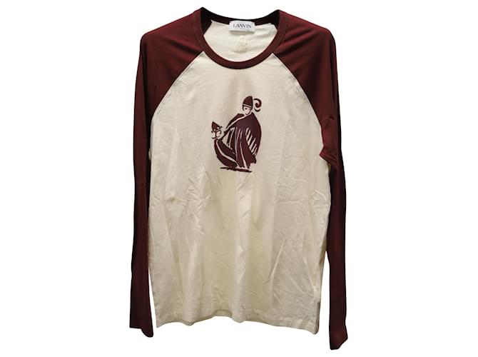 Lanvin T-shirt Manches Longues Raglan en Coton Rouge Grenat et Crème Multicolore  ref.592594