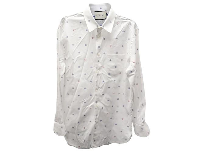 Gucci Printed Long Sleeve Button Front Shirt in White Cotton   ref.592604