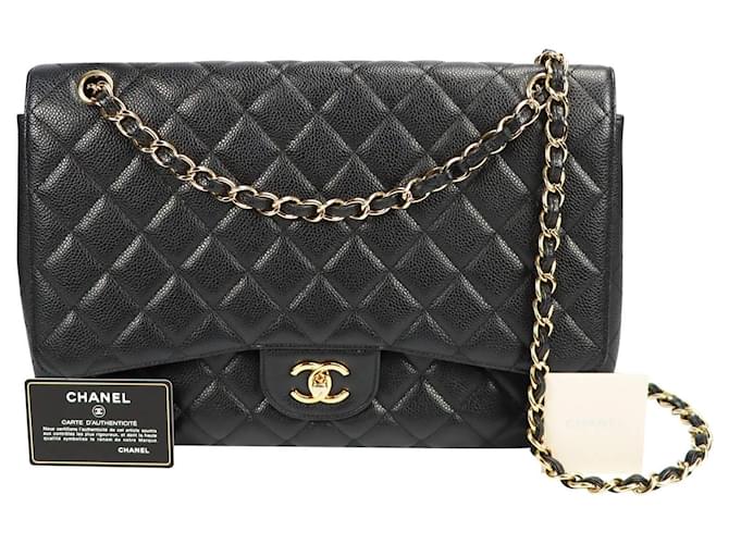 Timeless Chanel Classic Single Flap Maxi Black Caviar Gold Negro Cuero  ref.592653