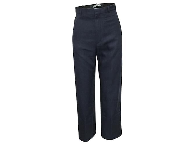 Jacquemus High-Waist Straight-Leg Pants in Navy Linen Navy blue  ref.592693