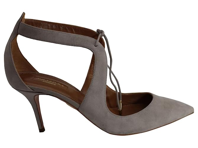 Aquazzura  Ankle Lace Heel Sandals in Grey Suede  ref.592793