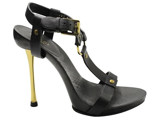 Gucci T-Strap Accent Heel Sandals in Black Leather  ref.592996
