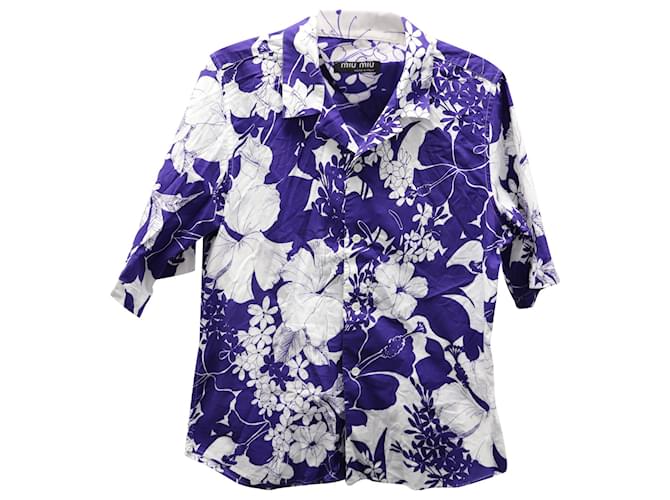 Miu Miu Kurzärmliges Hemd mit Knopfleiste und Blumendruck aus violetter und weißer Baumwolle  ref.593009