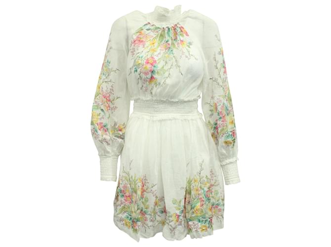 Zimmermann Zinnia Floral Print Shirred Dress in White Cotton  ref.593027