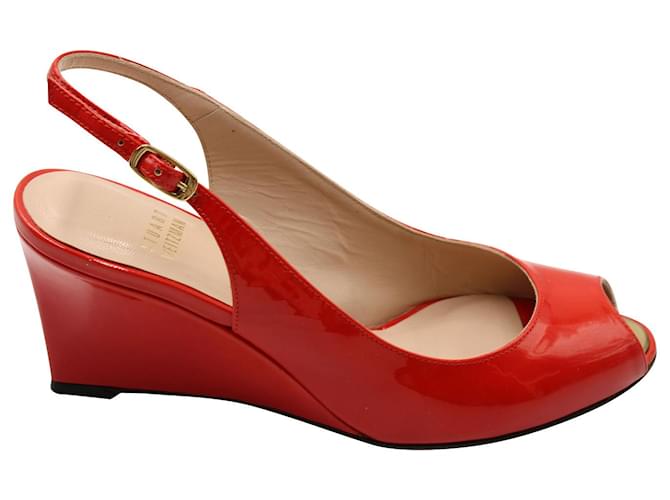 Stuart Weitzman Slingback Peep-Toe Wedge in Red Patent Leather Orange  ref.593116