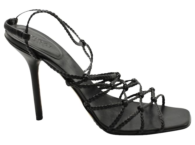 Gucci Braided Peep Toe High Heel Sandals in Black Leather   ref.593124