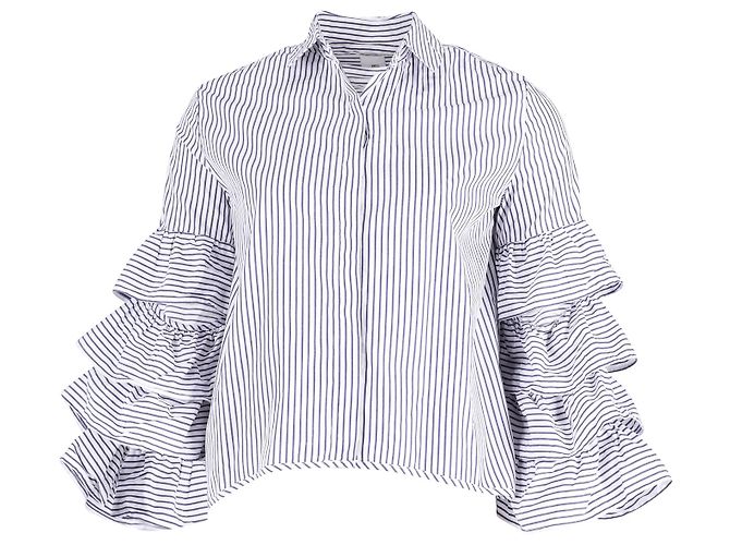 Blusa con volant a righe Iris & Ink in cotone blu e bianco
