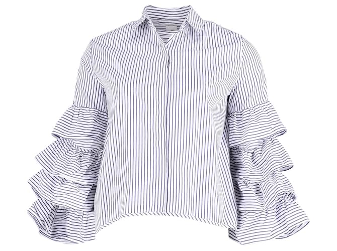 Iris & Ink Striped Ruffled Blouse in Blue and White Cotton  ref.593158