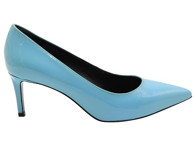 Zapatos de tacón de aguja flacos con punta en punta de Saint Laurent en charol azul Cuero  ref.593160
