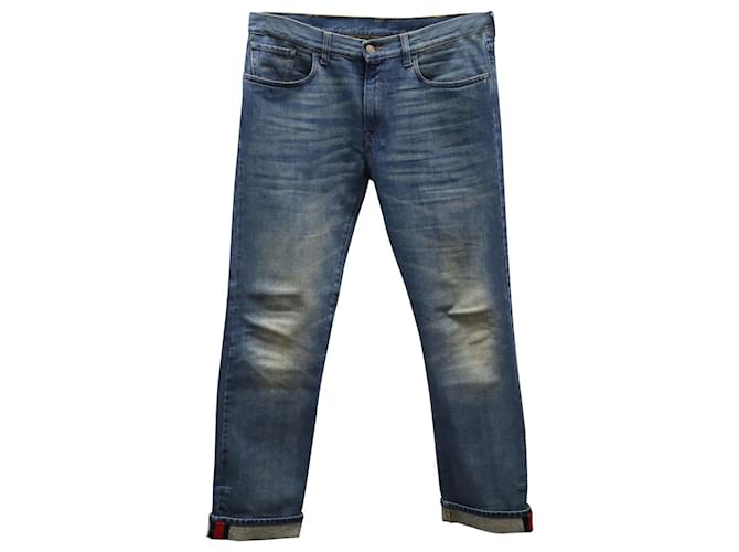 Gucci Pantalon fuselé avec bande Web en denim de coton bleu clair  ref.593214