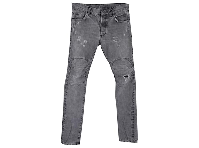 Balmain Distressed Biker Jeans em Grey Cotton Denim Cinza Algodão  ref.593282