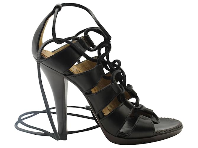 Yves Saint Laurent Lace Up Cage High Heel Sandals in Black Leather   ref.593372