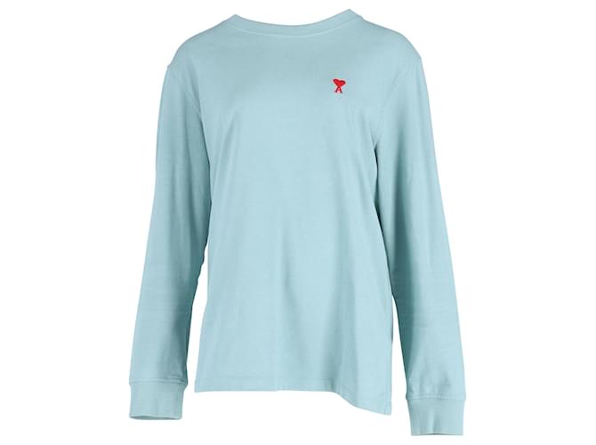 Ami Paris Ami de Coeur Long-Sleeve T-shirt in Aqua Green Organic Cotton  ref.593377