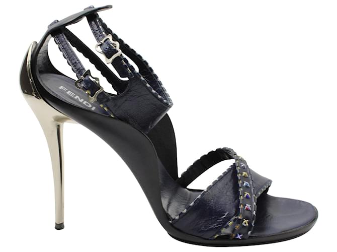 Fendi Peep Toe Ankle Strap High Heel Sandalen aus blauem Leder  ref.593700