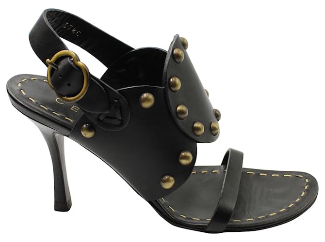 Céline Celine Goldbesetzte Sandaletten mit hohem Absatz aus schwarzem Leder  ref.593713