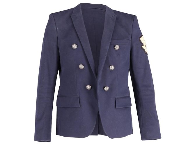 Blazer sul petto foderato con patch logo Balmain in cotone blu navy