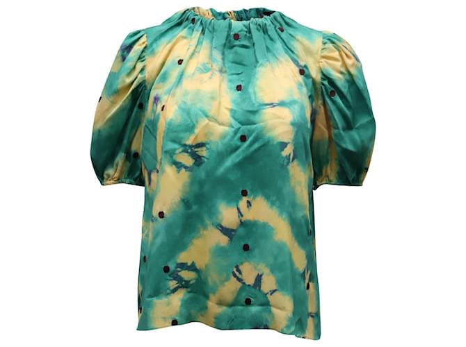 Ulla Johnson Isolda Tie Dye & Texture Dot Bluse aus grüner Seide  ref.594015