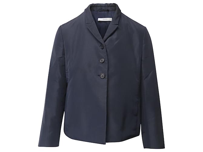 Prada Front Button Collared Jacket in Navy Blue Silk  ref.594103