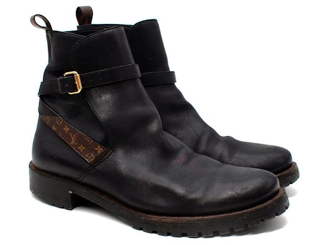 Louis Vuitton Black Leather & Mongram Canvas Biker Boots  ref.594118