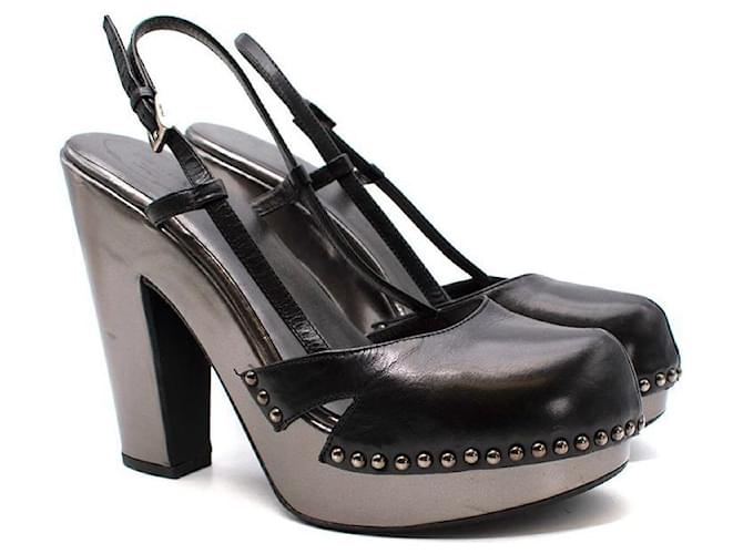 Prada Black & Gunmetal leather heeled clogs  ref.594139