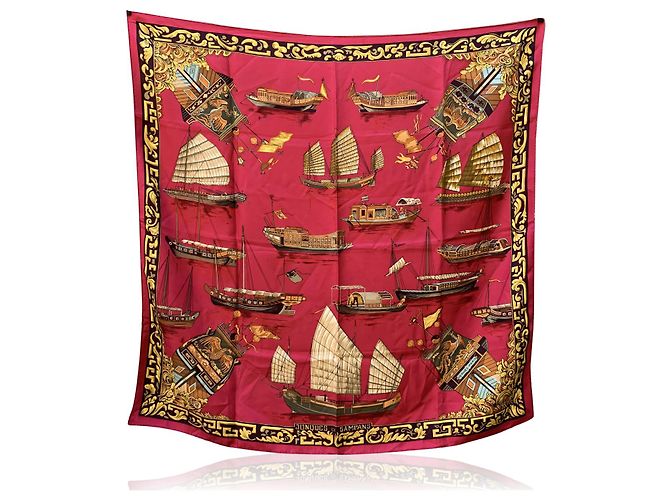 Hermès Hermes Paris Vintage Seta Rossa Jonques et Sampans 1966 de la Perrière Rosso