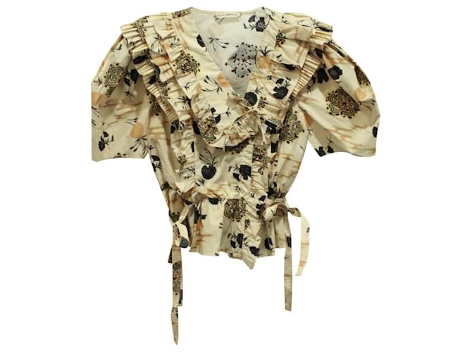 Ulla Johnson Ruffled Floral Print Wrap Blouse in Beige Cotton  ref.594362