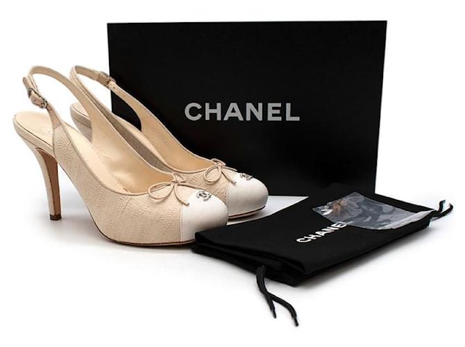 Chanel Cream textured canvas & grosgrain slingback heeled pumps