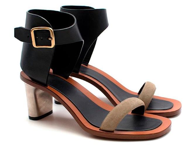 Céline Celine Black/Khaki Leather Sandals With Metal Heels  ref.594430