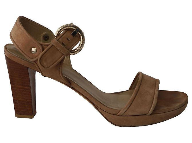 Stuart Weitzman Sandales Bout Ouvert Strappy Block en Daim Marron