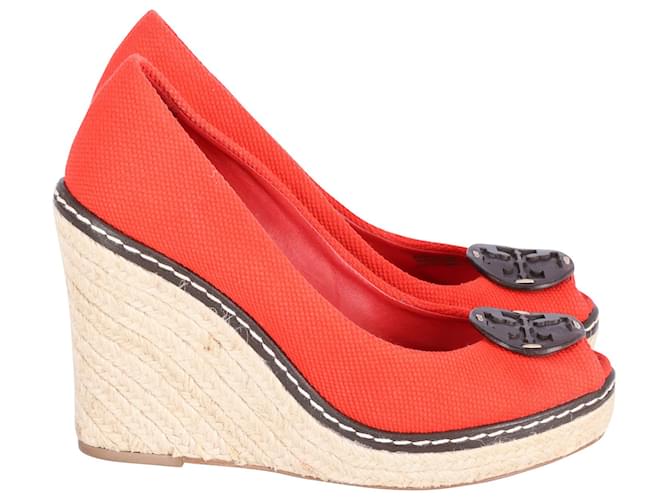 Tory Burch Cerise Peep Toe Wedge in Red Canvas Cloth  ref.594713