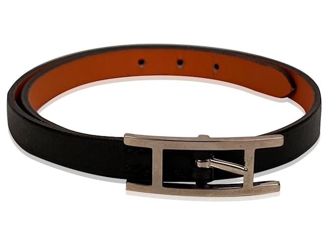 Hermès Hermes Schwarzes Leder Hapi 2 Armband Palladiumschnalle  ref.594727
