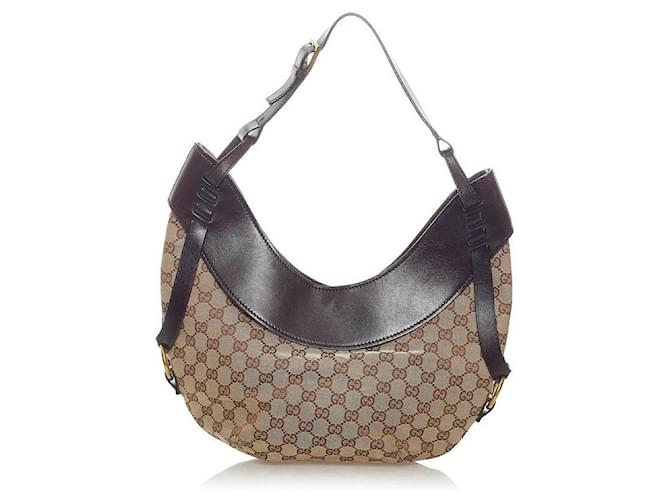 GUCCI Halfmoon Hobo Brown Canvas Shoulder Bag