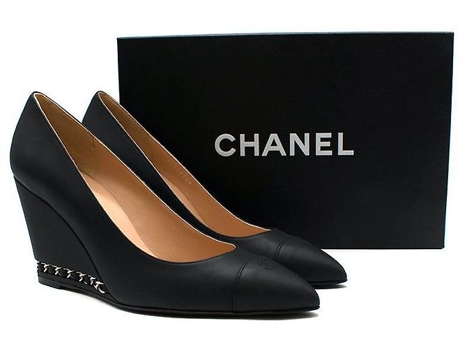 Chanel Matte black leather wedge heeled pumps