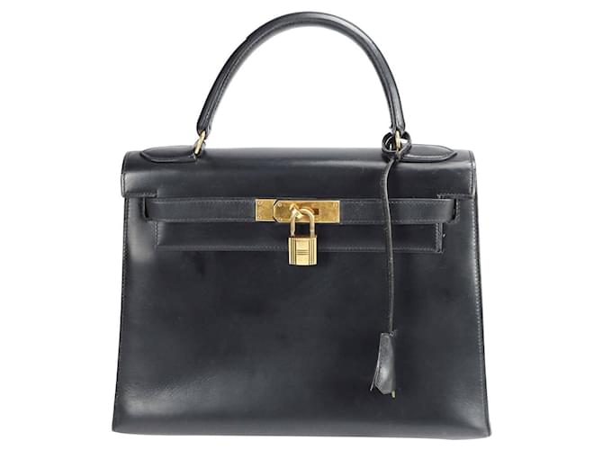 Hermès Kelly 28 Black Box Calfskin Gold Leather Pony-style calfskin  ref.595371