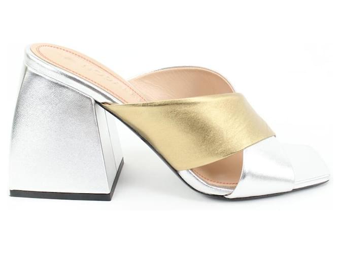 Autre Marque Size 40 Silver x Gold Leather Bulla Banks Block Heel Sandals White gold  ref.596130