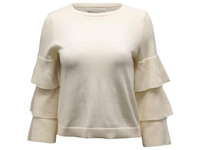 Alice + Olivia Stora Ruffle-Sleeve Sweater in Cream Merino Wool White  ref.596428