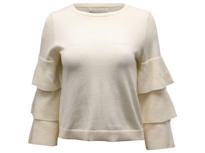 Alice + Olivia Stora Pullover mit Rüschenärmeln aus cremefarbener Merinowolle