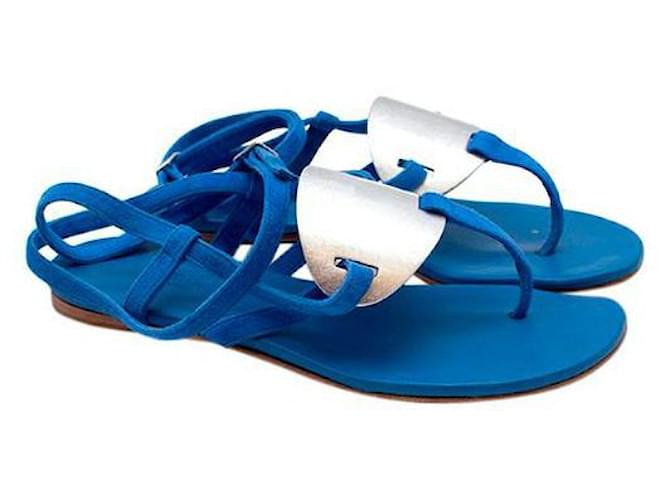 Hermès Hermes Blue Suede Ankle Wrap Thong Sandales Bleu  ref.596466