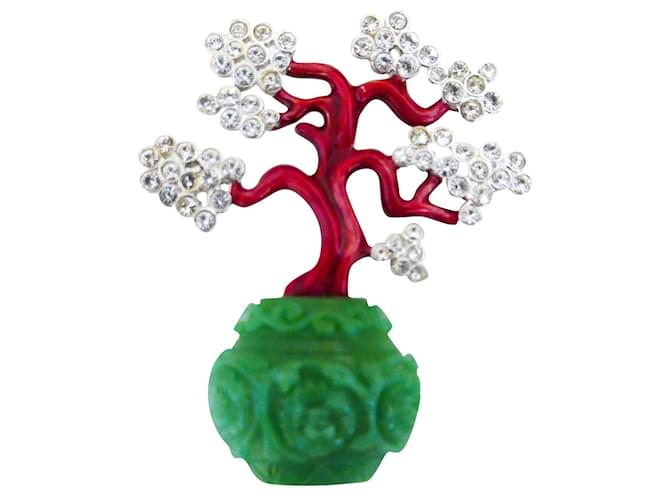 Kenneth Jay Lane Bonsai Cherry Blosson Brooch Red Green Metal Glass  ref.596848