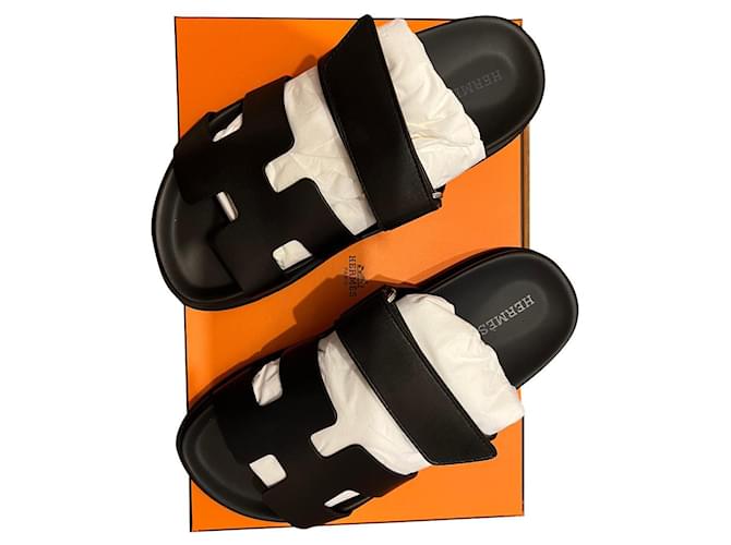 Sandale Hermès Chypre Cuir Noir  ref.596849