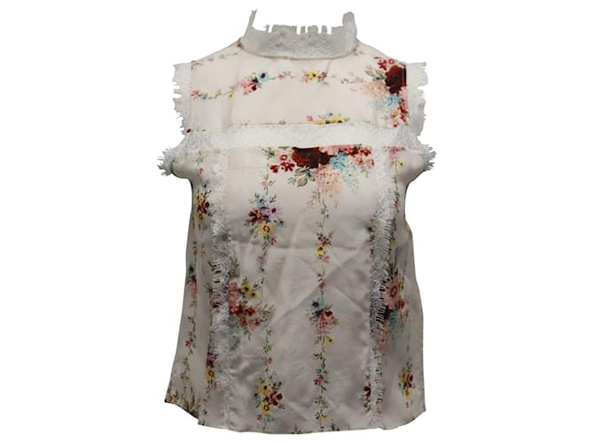 Alice + Olivia Jonie Floral Print Lace Blouse in Ivory Silk  White Cream  ref.597027